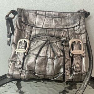 B. Makowsky Lakewood Pewter Leather Crossbody Bag Metallic Leather Handbag
